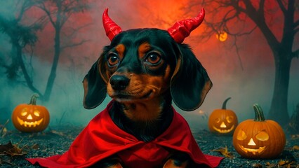 Funny close-up portrait of a cute black and brown dachshund dog puppy wearing satan devil red costume with horns sitting against a spooky Halloween background with carved pumpkins in the night forest.