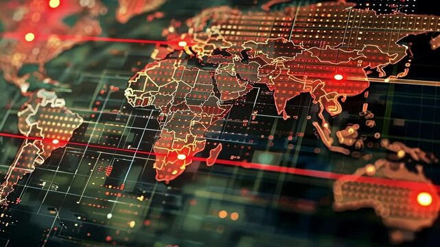 Glowing lines and data points are forming a world map with highlighted areas, representing global cybersecurity threats and attacks