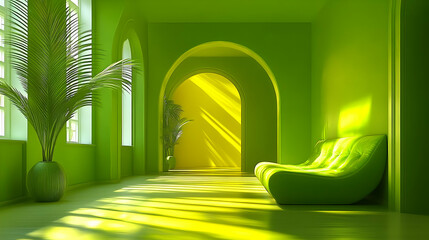 Green Room with Arched Doorways and Sunlight