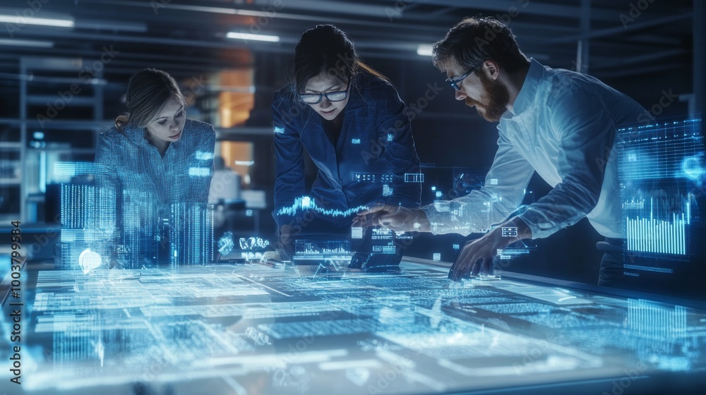 Poster three people are working on a computer screen with a blue background