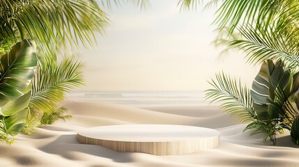 Fototapeta premium Product podium display with beautiful sand beach daylight time for advertisement 