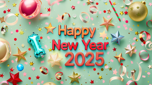 The text "Happy New Year 2025!" festive elements, fireworks, stars and confetti on a light blue background, numbers and decorative elements are made in different colors,  a joyful and festive mood