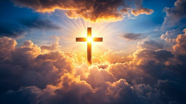 A wooden cross stands tall against a backdrop of golden clouds and a bright sun