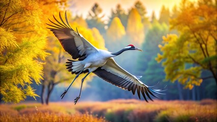 vibrant, worm's eye view, water, fly, background, nature,crane, A majestic crane gracefully takes flight over a vibrant nature background as seen from a unique Worm s Eye View perspective