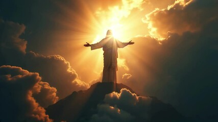 Jesus Christ ascending to heaven with light rays sky and clouds. Second Coming concept.