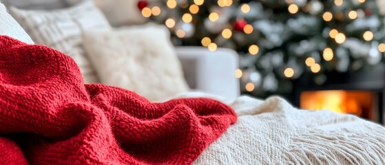  A red blanket atop a couch, near a Christmas tree in the living room, alongside a fireplace