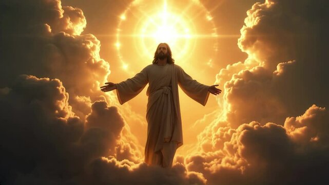 Jesus Christ ascending to heaven with light rays sky and clouds. Second Coming concept.