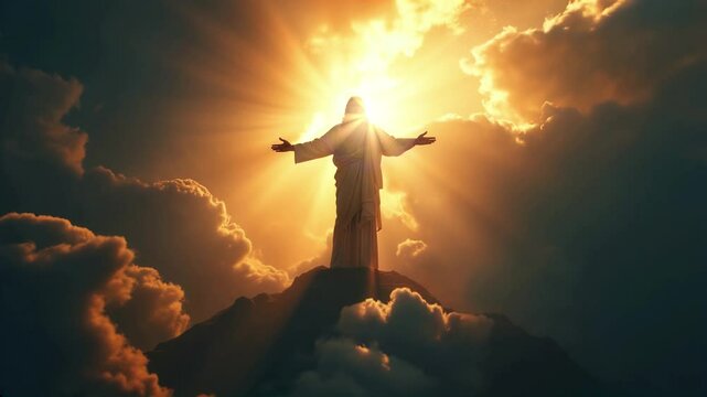 Jesus Christ ascending to heaven with light rays sky and clouds. Second Coming concept.