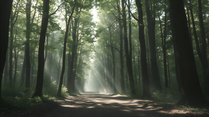 Obraz premium Misty Forest Pathway with Sunlight Rays