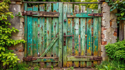 weathered wooden gate with peeling green paint, surrounded by lush greenery and stone walls, evokes sense of rustic charm and nostalgia