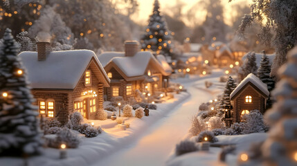 Cozy Winter Village, Snowy Houses with Warm Lights