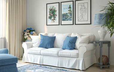 Interior of modern living room with blue sofa, 3d render