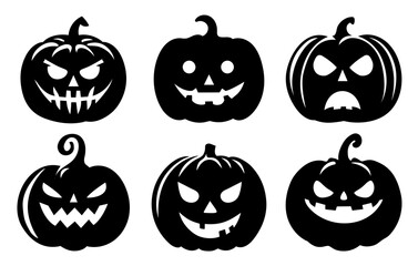 Set of Halloween Pumpkin black silhouettes isolated on transparent background, Scary Spooky Carving Pumpkins.