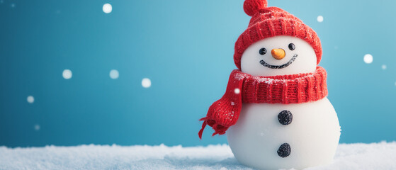 Christmas cute snowman smiling. Happy christmas and new year festival wallpaper. Blue background. Copy space for banner.