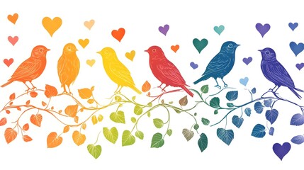 Fototapeta premium Cartoon birds in rainbow hues chirp among heart-shaped leaves, creating a dynamic and joyful pattern on a white background, full of energy