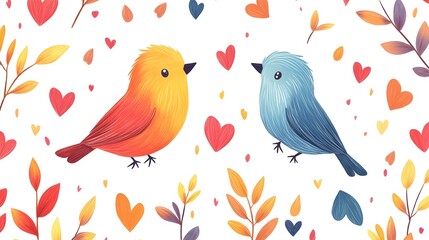 Charming cartoon birds with hearts and leaves in a colorful pattern, white background, dynamic and lively composition