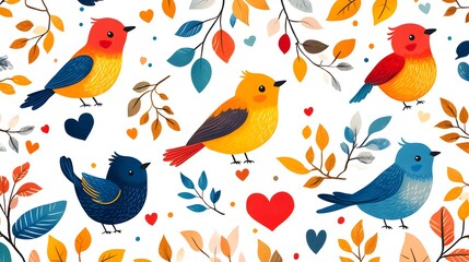 Charming cartoon birds with hearts and leaves in a colorful pattern, white background, dynamic and lively composition