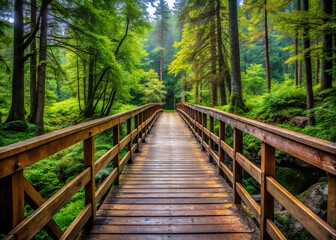 serene wooden bridge leads into lush green forest, surrounded by tall trees and vibrant foliage. peaceful atmosphere invites exploration and connection with nature