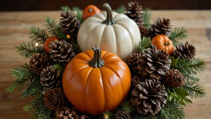 Autumn arrangement with pumpkins, pinecones, and twinkling lights for Thanksgiving.