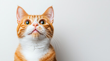 Obraz premium Curious orange tabby cat looking up with wide eyes against a plain background indoors
