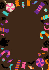 Vertical Halloween background with candies, pumpkins, ghosts, bats, spiders and spooky decorations in bright colors
