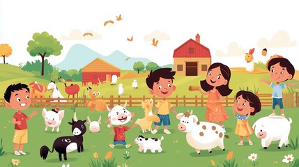 Naklejka premium Children playing joyfully with farm animals in a vibrant countryside setting during a sunny day