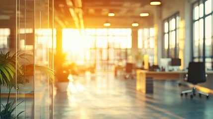 Contemporary office space with ample natural light, featuring a blurred modern backdrop suitable for various design applications such as posters, banners, magazines, and website backgrounds. 