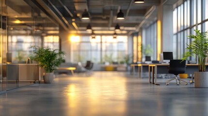 Contemporary office space with ample natural light, featuring a blurred modern backdrop suitable for various design applications such as posters, banners, magazines, and website backgrounds. 