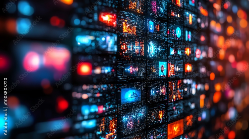 Aufkleber a wall of glowing digital screens displaying a vast array of information and data.