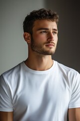 Fototapeta premium Aesthetic portrait of a man in casual wear, thoughtfully gazing out a window in soft light