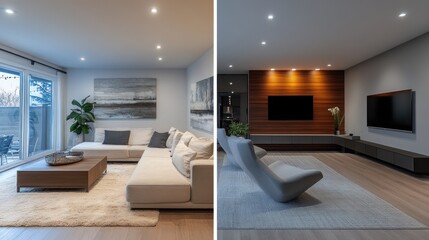 Two modern living room designs showcasing minimalist decor and cozy ambiance.