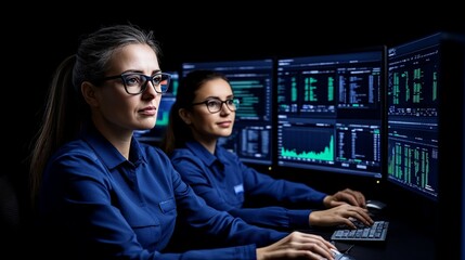 Cybersecurity Specialists: Two women in glasses, dressed in blue shirts, intently focus on their...