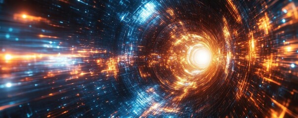 Obraz premium A vibrant abstract tunnel of light showcasing blue and orange hues, symbolizing energy and movement through space and time, abstract tunnel background