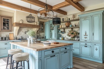 country style kitchen interior design with blue pastel color