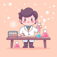 a drawing of a scientist with a bottle of liquid and a bottle of test tubes