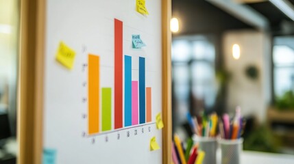 Obraz premium Colorful Bar Graph with Sticky Notes in Modern Office