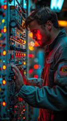 Obraz premium IT Technician Analyzing Complex Network Equipment in Dimly Lit Room with Vibrant LED Lights, Focused on Critical System Diagnostics at Night
