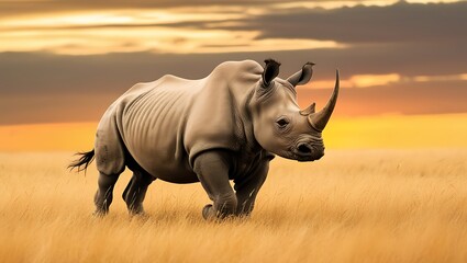 Obraz premium This stunning image showcases a majestic rhinoceros moving gracefully through a field of tall grass as the warm hues of sunset envelop the landscape.