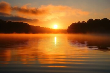 Obraz premium A beautiful sunrise over a misty lake. Perfect for nature and travel websites.