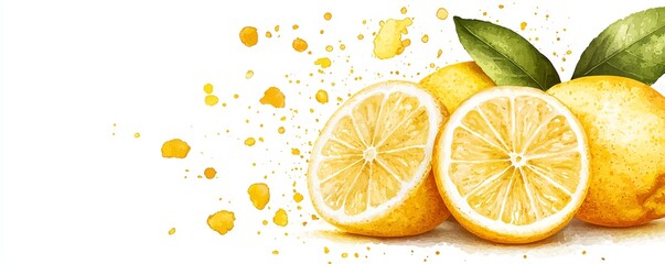 Fresh lemons with leaves on white background, ideal for recipes and drinks.