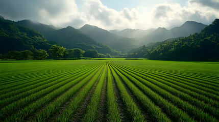 Green Rice Fields  and Mountains Landscape, Lush Nature Scene