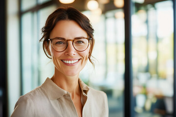 A smiling woman with glasses poses confidently in a modern office environment.