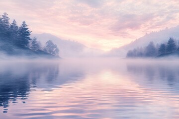 Obraz premium Misty lake at sunrise, showcasing a peaceful atmosphere. This photo is perfect for projects that need a serene and tranquil background.