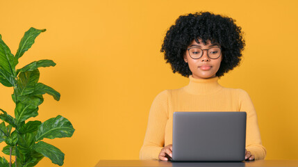Young woman with curly hair typing on a laptop in a colorful workspace during the day