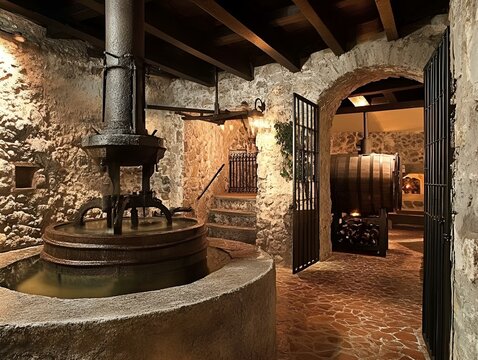 Interior of a Traditional Stone Olive Oil Mill with Vintage Press and Wooden Beams Showcasing Historical Production Methods.
