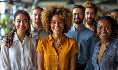 Diverse Group of Business Professionals Smiling at Team Meetup in Modern Office Setting during Daytime, Emphasizing Teamwork, Collaboration, Inclusivity, and Friendly Work Environment