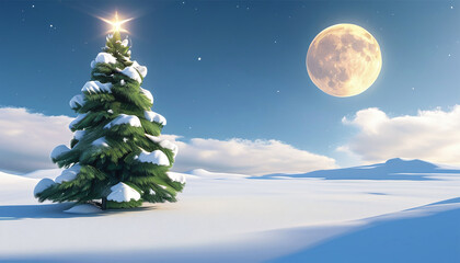 Fototapeta premium A beautifully decorated Christmas tree sits under a bright moon in a snowy landscape on a clear winter night.Generative AI
