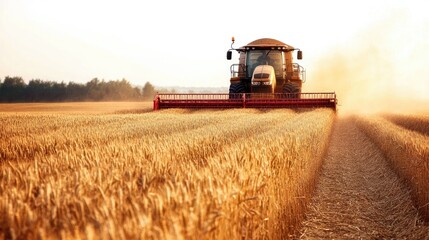 Fototapeta premium Combine harvester and tractor harvesting a ripe wheat field, a vast agricultural landscape showing the scale