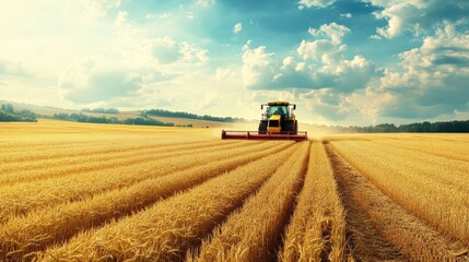 Fototapeta premium Combine harvester and tractor harvesting a ripe wheat field, a vast agricultural landscape showing the scale