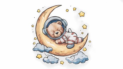 Watercolor cute baby bear sleeping in a yellow moon, fancy sky scene, clouds and stars around